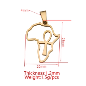 Polished gold stainless steel Africa map pendant with Ankh cross and product dimensions