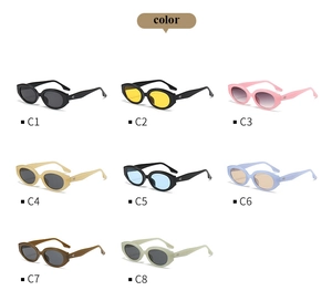 Detailed grid of eight colored oval sunglasses showing variety of stylish frame options