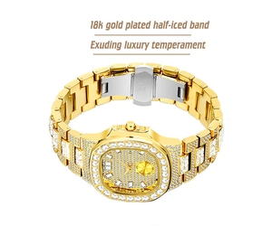 Detailed macro view of 18k gold plated luxury watch with diamond encrusted half-iced band