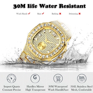 Iced-out gold hip hop watch with 30m water resistance and premium quartz movement
