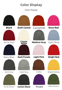 Color display of knitted beanies in 20 various shades for autumn and winter