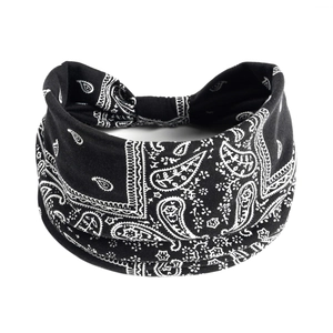 Bandeau de yoga élastique noir à motif paisley en coton large pour femmes sport