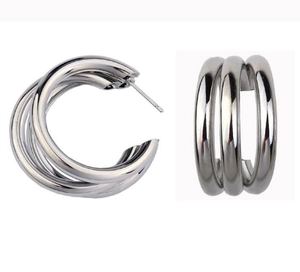 Close-up of vintage chunky silver triple hoop earrings with S925 silver needles