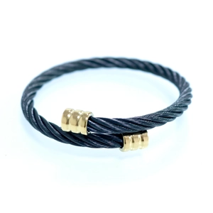 Bracelet jonc punk double couche en acier noir avec embouts dorés pour hommes et femmes