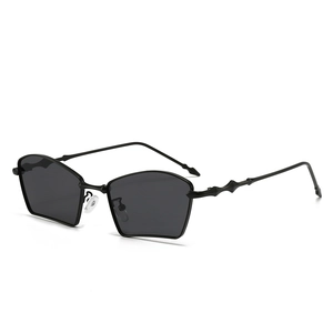 Fashionable black fan-shaped metal sunglasses with geometric frames and gray lenses