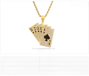 Detailed view of hip hop playing cards pendant with size chart and zircon settings