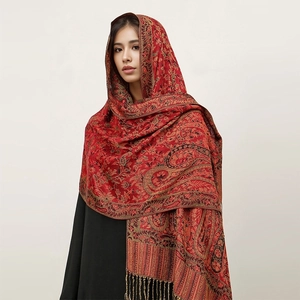 Red cashmere feel shawl with paisley patterns and elegant tassels for women