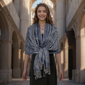 Scialle jacquard bohémien con motivo paisley blu e frange da donna stile vintage