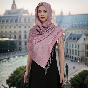 Dettaglio della sciarpa jacquard rosa con motivi paisley e rifiniture con frange