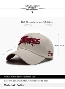 Detail view of cotton baseball cap with red Beers 32 FL OZ 3D embroidery on off-white fabric