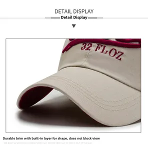 Detailed close-up of 32 FL OZ red 3D embroidery on beige twill baseball cap brim