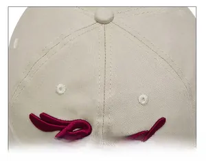 Macro shot of precise stitching and high-density cotton fabric on the beige baseball cap