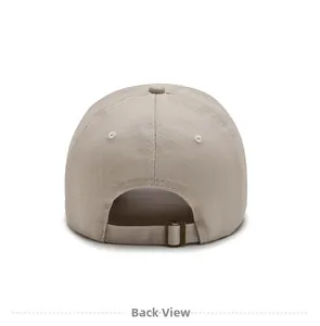 Rear view of beige cotton baseball cap featuring an adjustable metal buckle strap