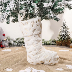 White Faux Fur Christmas Stocking With Gold Feather Pattern Plush Xmas Gift Bag For Holiday Party Home Tree Decor