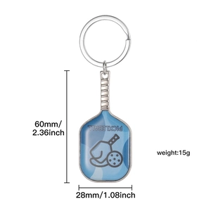 Blue pickleball paddle keychain with dimensions 60mm by 28mm and 15g weight details