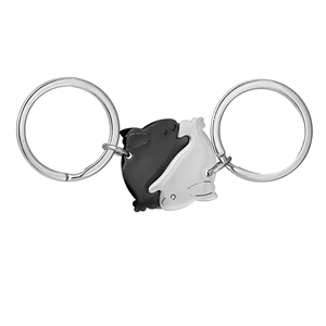 Detail of cute black and white cartoon rabbit couple keychains in enamel metal finish