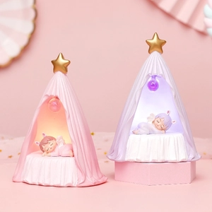 Sleeping angel tent night light in pink and purple resin for nursery room decor