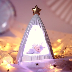 Cozy starlit tent night light with sleeping doll and gold star for bedroom decor