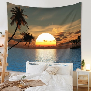 Bohemian tapestry featuring a tropical sunset beach landscape for cozy bedroom wall decor