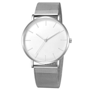 Minimalist silver men's watch with white dial and stainless steel mesh strap on white background