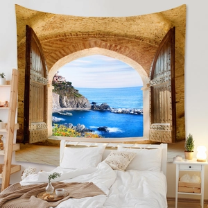 Detail of 3D Mediterranean sea view tapestry with arched door and stone wall design