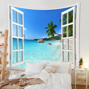 Detail of sea view window tapestry on bedroom wall with tropical palm trees and blue ocean