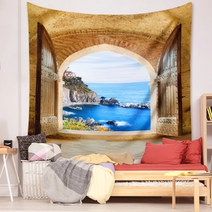 Detail of bohemian tapestry with 3D sea view through a stone arch in a cozy home setting
