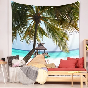 Detail of tropical beach tapestry with palm trees and ocean view for bedroom decor