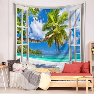 Detail of 3D digital print tapestry featuring a tropical beach sea view with palm trees
