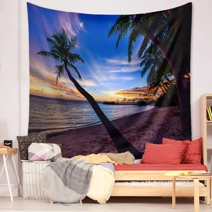 Detail of bohemian beach sunset tapestry showing vibrant tropical scenery and palm trees