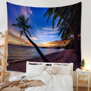 Detail of tropical beach sunset tapestry hanging as cozy bedroom wall decor