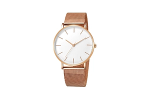 Front view of minimalist rose gold watch featuring a white dial and mesh stainless steel strap