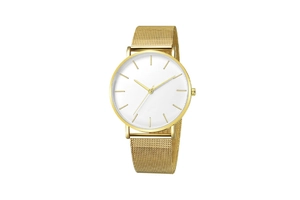 Close-up of a minimalist gold mesh strap and white dial quartz watch with baton markers