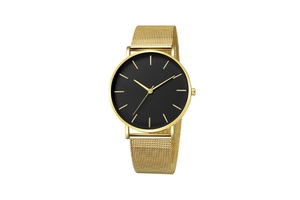 Detail of minimalist black round dial with gold mesh strap and bar hour markers