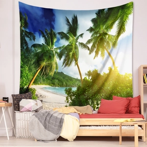 Detailed tropical beach scenery tapestry with palm trees and blue ocean for room decor