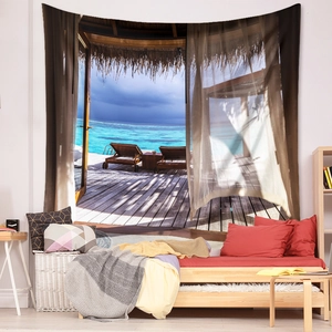 Detail of bohemian beach landscape tapestry featuring tropical ocean view for home decor