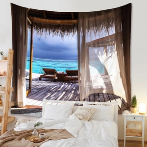 Detailed view of large tropical sea view tapestry with wooden patio and sunbeds for decor