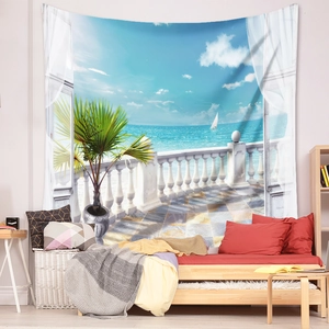 Detailed view of ocean balcony tapestry hanging over bed for room decoration