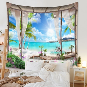 Detail of beach tapestry with palm trees and wooden pavilion over clear sea water