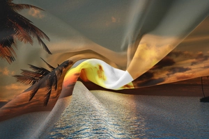 Detailed close-up of tropical sunset sea view tapestry with clear woven fabric texture