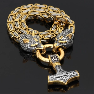 Viking wolf head necklace with Thor's hammer Mjolnir pendant in silver and gold tone