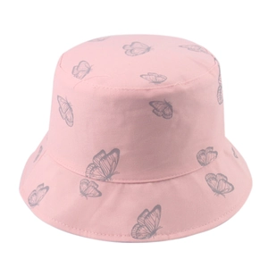 Cappello da pescatore in cotone rosa con stampa a farfalla, parte superiore piatta e tesa larga