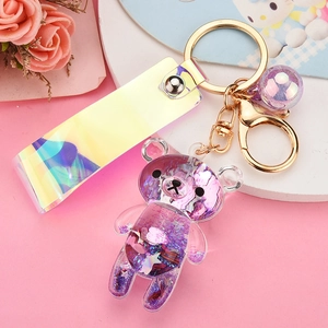 Liquid Quicksand Bear Keychain Acrylic Glitter Keychain With Holographic Strap For Schoolbag Pendant Key Ring Accessories