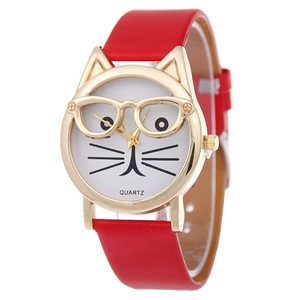 Fashionable quartz watch for women with red leather strap and golden cat face dial