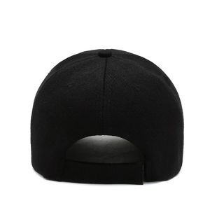 Classic black five-panel baseball cap with adjustable buckle back view and twill texture