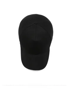 Top down view of minimalist black six-panel baseball cap in premium cotton twill fabric