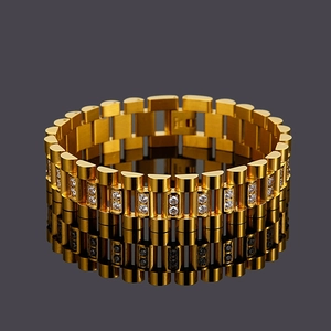 Macro shot of gold watch-band style bracelet featuring double rows of clear cubic zirconia