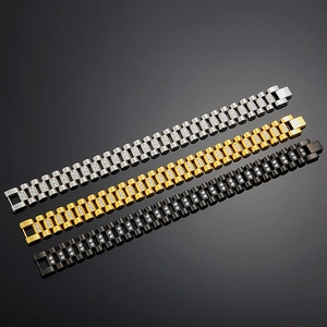 Detailed close-up of watchband-style bracelets in gold, silver, and black with zircon stones