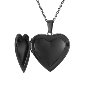 Open heart-shaped locket pendant necklace in black stainless steel on white background