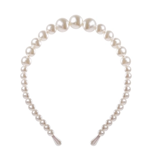 Elegant white faux pearl headband with gradient sizing on a classic vintage tiara